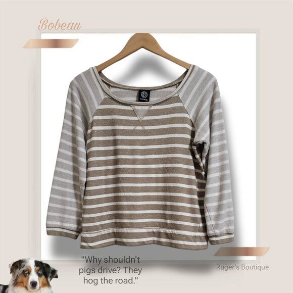🌿Bobeau Womens Medium Beige White Striped 3/4 Sleeve Distressed Sweater-Cute! - Picture 8 of 9